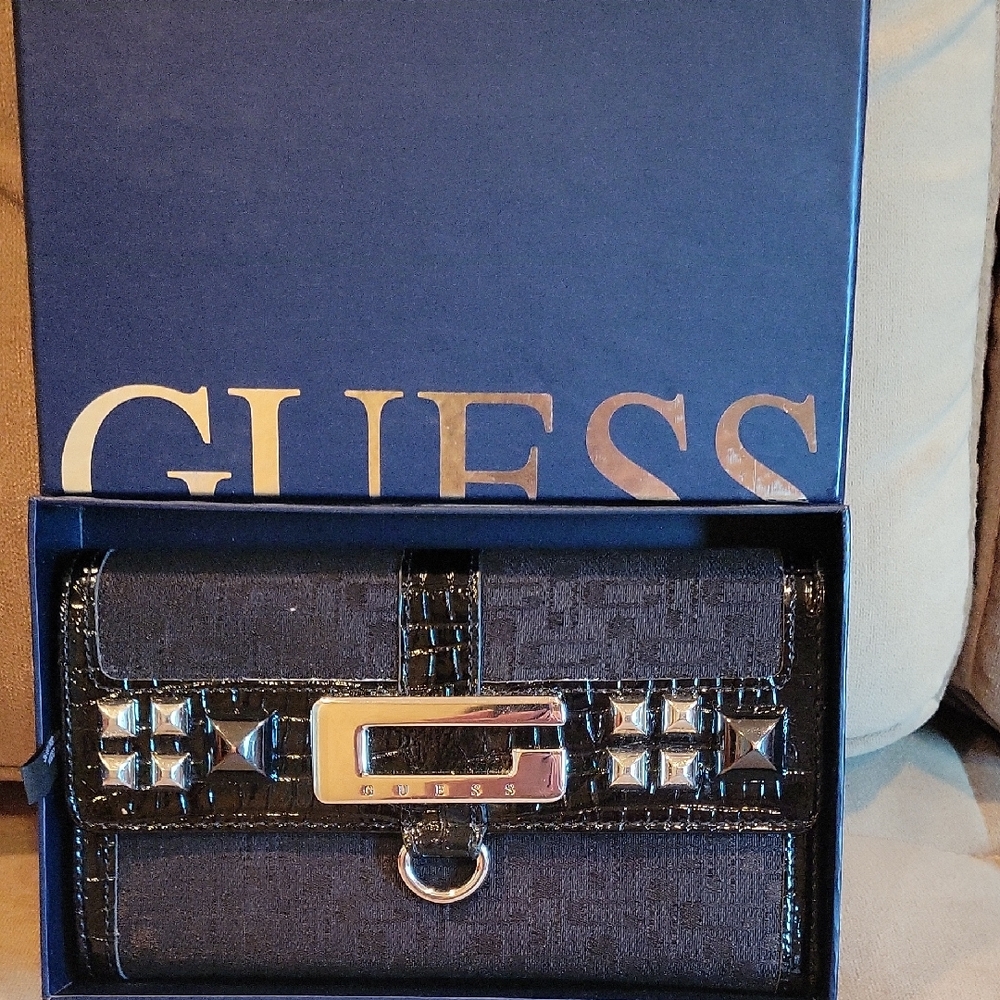 NEW! Guess Black Wallet with Silver Accents